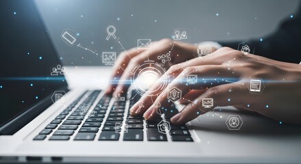 Close up of hands typing on a laptop keyboard with digital icons and data streams emanating from the screen