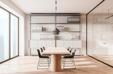 Contemporary office interior with wooden meeting table, sleek chairs, and wall shelves filled with binders, on bright minimal background. 3D Rendering