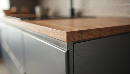 Modern kitchen corner shows wood countertop edge meets dark grey cabinet panel. Sleek metal trim accentuates clean lines in contemporary home interior detail.