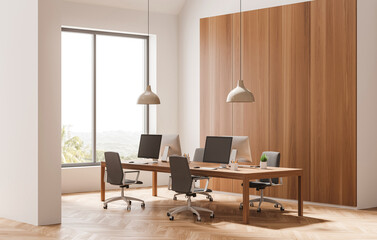 Contemporary office interior with wooden walls and flooring, modern furniture and computers, in minimalist design style, bright window background, 3D Rendering