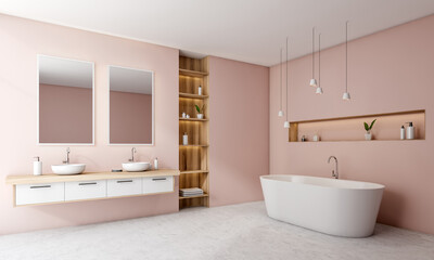 Elegant modern bathroom interior with pink walls, white bathtub, wooden shelves, dual sinks, and pendant lights. Minimalist design concept. 3D Rendering