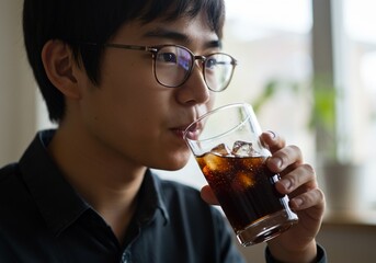 Young Asian man with glasses enjoying a refreshing iced beverage indoors.