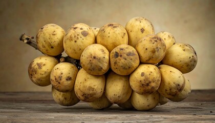 Bunch of ripe langsat fruits on a wooden table.