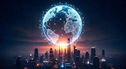 Futuristic glowing digital earth hologram hovering above a modern city skyline at night with bright lights