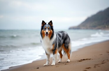 Blue merle shetland sheepdog stands on sandy beach by blue sea waves. Dog has white chest long fur. Cloudy sky horizon line visible. Scenic ocean coast landscape.