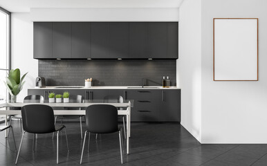 Contemporary kitchen interior with clean layout, framed blank poster mockup on white wall, modern furniture, soft lighting, 3D Rendering
