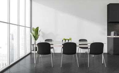 Sleek office dining area with modern furniture, minimalist design style, large windows, indoor plants, and tiled floor. Concept of workspace interior. 3D Rendering