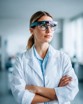 Female researcher augmented reality headset lab coat crossed arms modern laboratory confident gaze technology