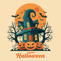 Spooky Halloween scene with a haunted house, grinning pumpkins, bats flying under a full moon, and creepy trees
