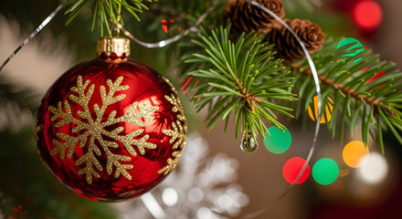 Traditional red Christmas bauble with a gold glitter snowflake hanging on a green pine tree branch. A festive holiday background with pinecones and colorful bokeh lights.