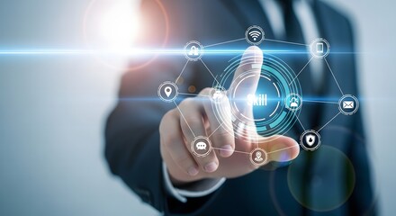 Businessman s finger touching a futuristic digital interface with glowing network connections and icons representing technology