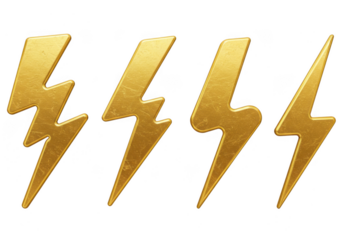 Four golden stylized lightning bolt shapes collection for impactful design elements transparent background