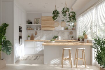 Bright modern kitchen with wooden surfaces and hanging green plants