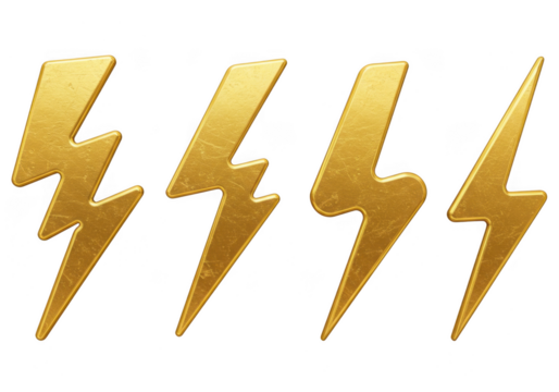 Four golden stylized lightning bolt shapes collection for impactful design elements transparent background