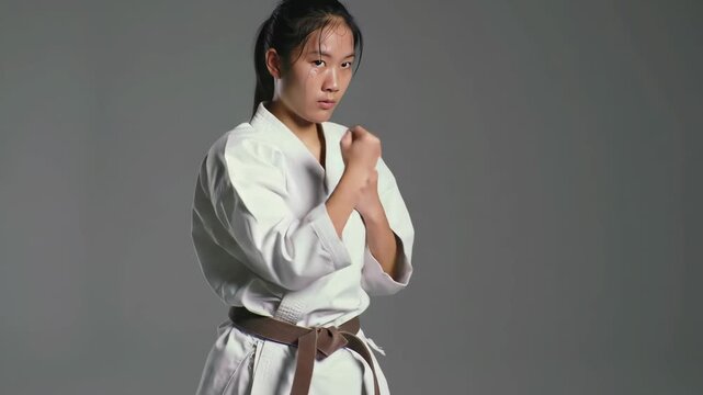 Focused martial artist in a stance wearing gi and brown belt