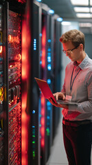 IT engineer server room data center network security laptop monitoring professional calm focus