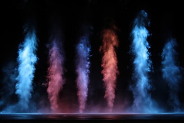 Chromatic Smoke Ascensions: Captivating display of ethereal smoke plumes in vibrant hues, illuminated against a stark dark backdrop.
