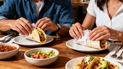 Couple Enjoying Delicious Tacos With Fresh Toppings At Cozy Restaurant During Lunch