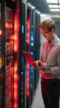 IT engineer server room data center network security laptop monitoring professional calm focus