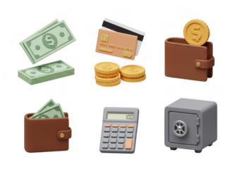 Collection of six distinct financial icons for wealth management and business transparent background