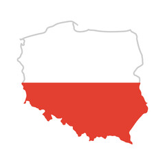 Poland map flag. Flat silhouette of Poland with national flag colors vector illustration. Polish country geography and political boundary sign. Travel and location symbol. European state pictogram.