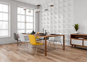 Contemporary dining room interior with geometric wall texture, wooden table, and colorful chairs in a minimalist Scandinavian concept. 3D Rendering