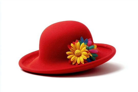 Red Hat Floral Fashion: A vibrant red hat, adorned with a cheerful floral embellishment, sits invitingly, hinting at the grace and style of a sophisticated persona. - Powered by Adobe