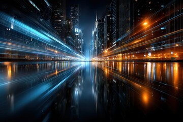 Fototapeta premium City Street at Night with Light Trails and Reflections