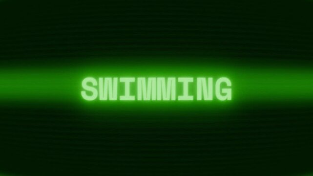 Old green CRT screen showing text SWIMMING appearing in random glitch and coding style