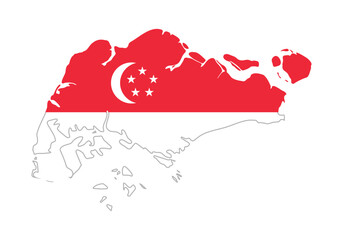 Singapore icon. Country map silhouette with national flag overlay vector illustration. Asian geography and travel destination symbol. Political territory and location sign. National identity pictogram