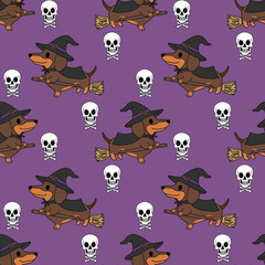 Cute Halloween Dachshund Witches and Skulls Seamless Pattern