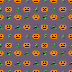 Cartoon Halloween Seamless Pattern with Jack-o'-Lanterns and Witch Hats