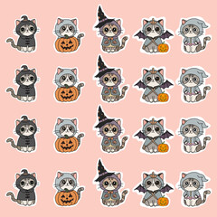 Cute Kawaii Halloween Cats in Costumes Seamless Pattern