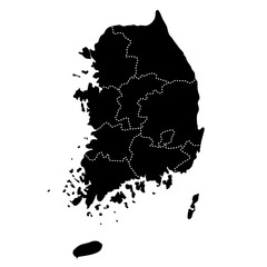 Obraz premium South Korea regional borders map. Black silhouette of South Korea with visible administrative borders vector illustration. Federal state territory division sign. Geographic and political boundary.