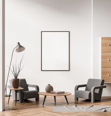 Modern living room interior with empty poster template on wall, clean minimalist design style, wooden floor background, concept of branding layout. 3D Rendering