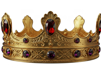 Luxurious golden crown with deep red jewels regal royalty and power symbol transparent background