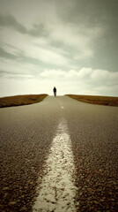 Lone cyclist on rural road, leading lines, wide sky, serene mood, minimal scene, horizon focus