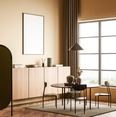 Contemporary dining room with blank framed poster mockup on beige wall, clean minimalist decor, wooden furniture, and large window. 3D Rendering
