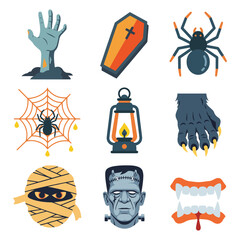 Halloween icons: zombie hand, coffin, spider, web, lantern, monster hand, mummy, Frankenstein, vampire teeth.