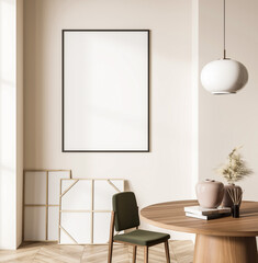 Empty poster mockup in stylish interior with wooden table, chair, and vases on beige background. 3D Rendering. Clean layout for art or design presentation