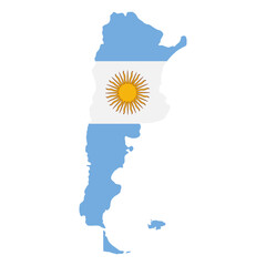 Argentina icon. Stylized map silhouette filled with national flag featuring blue stripes and the Sun of May vector illustration. Geographic and patriotic country symbol. National identity sign.