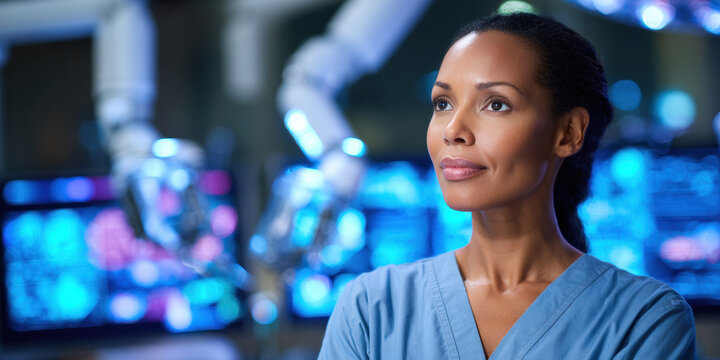 Robotic surgery surgeon operating room medical technology healthcare confidence focus blue scrubs innovation - Powered by Adobe