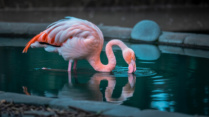 A close-up photograph of a pink flamingo drinking water from a reflective pool.