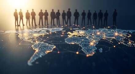 Silhouettes of a diverse business team standing on a glowing world map at sunrise symbolizing global connection and opportunity