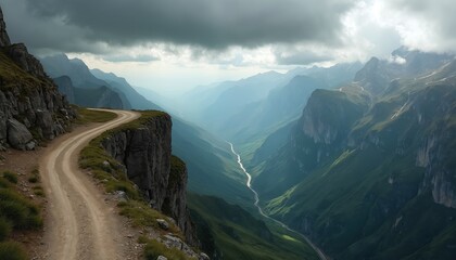 Curving dirt road follows steep rocky cliff edge overlooking vast green valley and distant mountains. Dramatic cloudy sky adds moody atmosphere to wild natural landscape below.