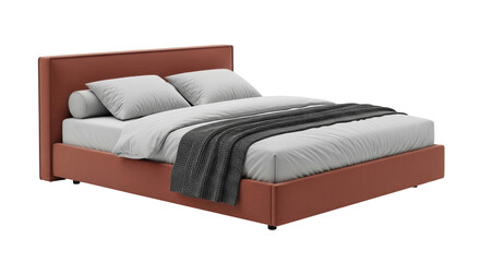 Isolated bed with mattress, pillows and blanket, modern bedroom furniture concept studio shot