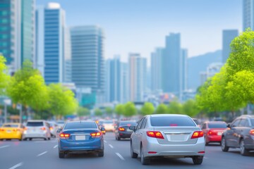Fototapeta premium Busy city street with modern buildings and traffic under clear blue sky during daytime, vibrant urban landscape