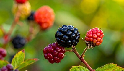 Close up of ripe blackberries on a branch.