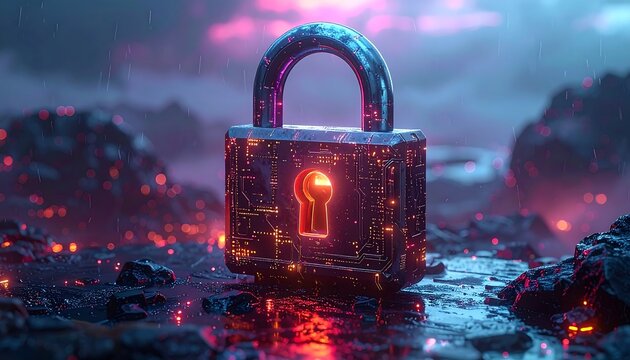 Futuristic Glowing Padlock Symbolizing Digital Cybersecurity. - Powered by Adobe