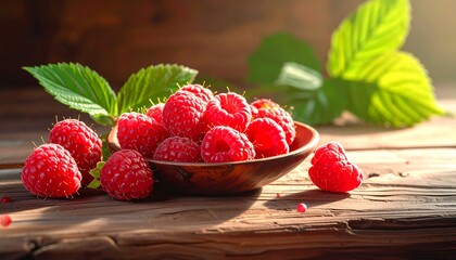 Fresh Red Raspberries in a Rustic Bowl on a Wooden Table with Green Leaves.
